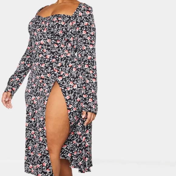 PrettyLittleThing Plus Black Floral Print Cupped Split Detail Midi Dress - Picture 3 of 14